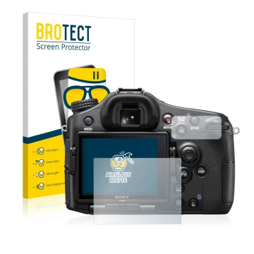 Front side of a product packaging with the brand logo BROTECT. Next to it is the device Sony Alpha 77 II (SLT-A77 II) shown wi