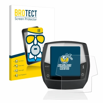 Front side of a product packaging with the brand logo BROTECT. Next to it is the device Bosch Intuvia Performance Line shown w