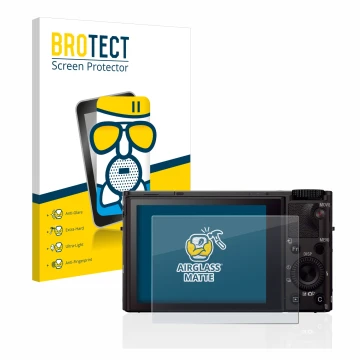 Front side of a product packaging with the brand logo BROTECT. Next to it is the device Sony Cyber-Shot DSC-RX100 III shown wi