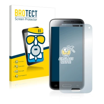 Front side of a product packaging with the brand logo BROTECT. Next to it is the device Samsung Galaxy S5 Mini SM-G800 shown w