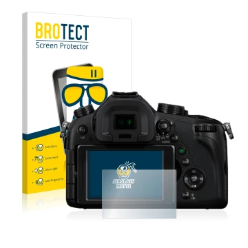 Front side of a product packaging with the brand logo BROTECT. Next to it is the device Panasonic Lumix DMC-FZ1000 shown with 
