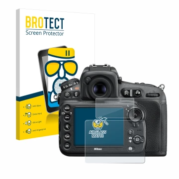 Front side of a product packaging with the brand logo BROTECT. Next to it is the device Nikon D810 shown with the correspondin
