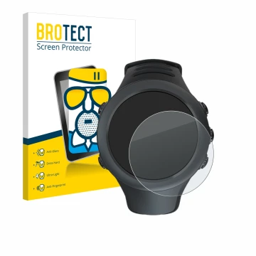 Front side of a product packaging with the brand logo BROTECT. Next to it is the device Suunto Ambit3 Sport Black shown with t
