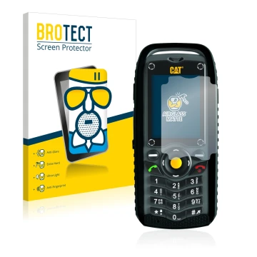 Front side of a product packaging with the brand logo BROTECT. Next to it is the device Caterpillar Cat B25 shown with the cor