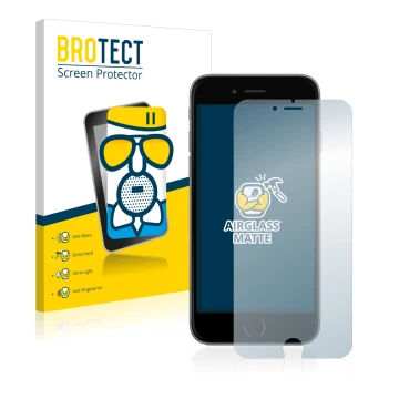 Front side of a product packaging with the brand logo BROTECT. Next to it is the device Apple iPhone 6 Plus shown with the cor