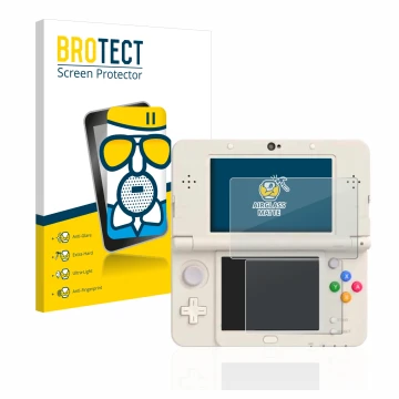Front side of a product packaging with the brand logo BROTECT. Next to it is the device Nintendo New 3DS shown with the corres