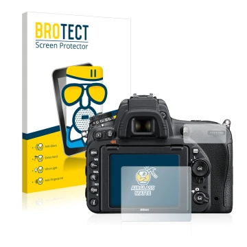 Front side of a product packaging with the brand logo BROTECT. Next to it is the device Nikon D750 shown with the correspondin