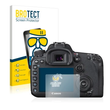 Front side of a product packaging with the brand logo BROTECT. Next to it is the device Canon EOS 7D Mark II shown with the co