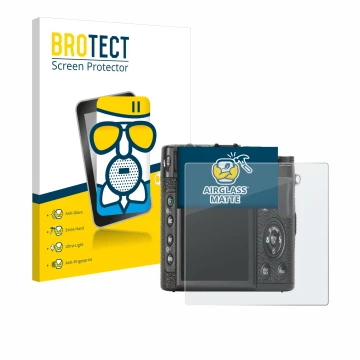 Front side of a product packaging with the brand logo BROTECT. Next to it is the device Fujifilm X10 shown with the correspond