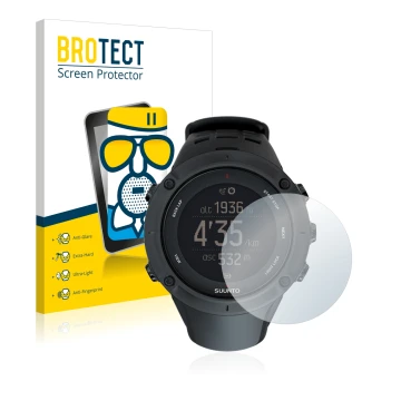 Front side of a product packaging with the brand logo BROTECT. Next to it is the device Suunto Ambit3 Peak Black shown with th