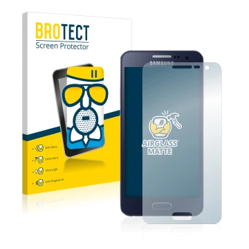 Front side of a product packaging with the brand logo BROTECT. Next to it is the device Samsung Galaxy A3 2015 shown with the 