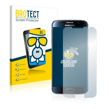 Front side of a product packaging with the brand logo BROTECT. Next to it is the device Samsung Galaxy S6 shown with the corre