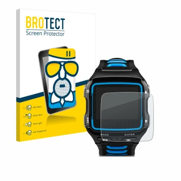 Front side of a product packaging with the brand logo BROTECT. Next to it is the device Garmin Forerunner 920XT shown with the