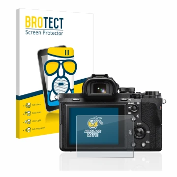 Front side of a product packaging with the brand logo BROTECT. Next to it is the device Sony Alpha 7 II (ILCE-7M2) shown with 