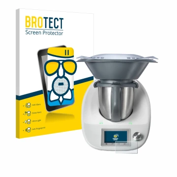 Front side of a product packaging with the brand logo BROTECT. Next to it is the device Vorwerk Thermomix TM5 shown with the c