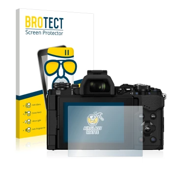 Front side of a product packaging with the brand logo BROTECT. Next to it is the device Olympus OM-D E-M5 Mark II shown with t