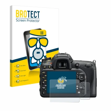 Front side of a product packaging with the brand logo BROTECT. Next to it is the device Nikon D7200 shown with the correspondi