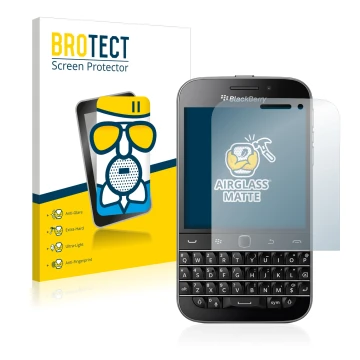 Front side of a product packaging with the brand logo BROTECT. Next to it is the device Blackberry Classic Q20 shown with the 