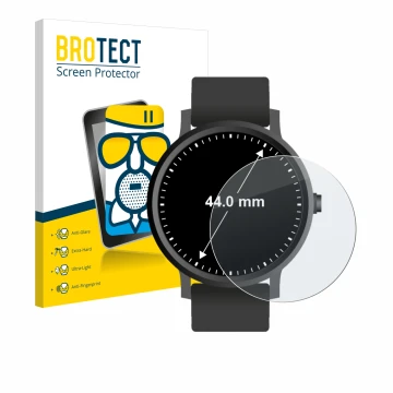 Front side of a product packaging with the brand logo BROTECT. Next to it is the device Watches (Circular, ø: 44 mm) shown wit