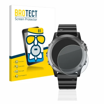 Front side of a product packaging with the brand logo BROTECT. Next to it is the device Garmin Fenix 3 shown with the correspo