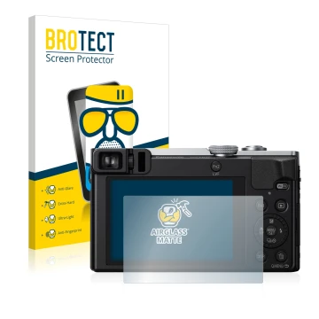 Front side of a product packaging with the brand logo BROTECT. Next to it is the device Panasonic Lumix DMC-TZ71 shown with th