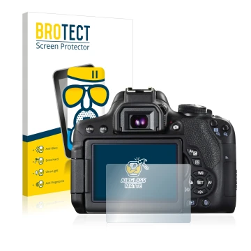 Front side of a product packaging with the brand logo BROTECT. Next to it is the device Canon EOS 750D shown with the correspo