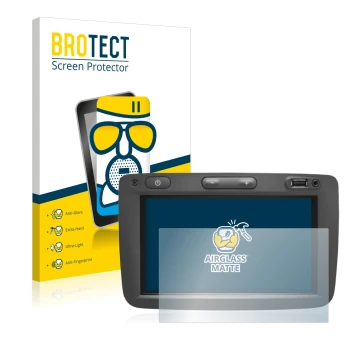 Front side of a product packaging with the brand logo BROTECT. Next to it is the device Dacia Media Nav shown with the corresp
