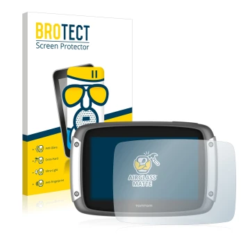 Front side of a product packaging with the brand logo BROTECT. Next to it is the device TomTom Rider 400 shown with the corres