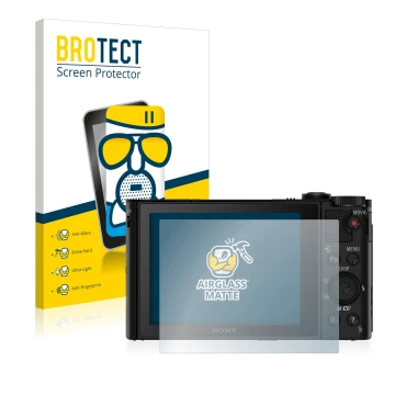 Front side of a product packaging with the brand logo BROTECT. Next to it is the device Sony Cyber-Shot DSC-HX90 shown with th