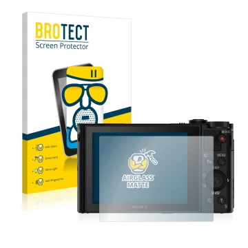 Front side of a product packaging with the brand logo BROTECT. Next to it is the device Sony Cyber-Shot DSC-HX90V shown with t