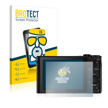 Front side of a product packaging with the brand logo BROTECT. Next to it is the device Sony Cyber-Shot DSC-WX500 shown with t