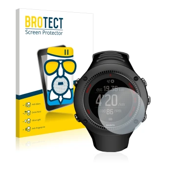 Front side of a product packaging with the brand logo BROTECT. Next to it is the device Suunto Ambit3 Run Black shown with the