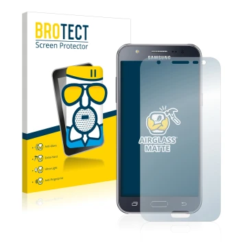 Front side of a product packaging with the brand logo BROTECT. Next to it is the device Samsung Galaxy J5 2015 shown with the 