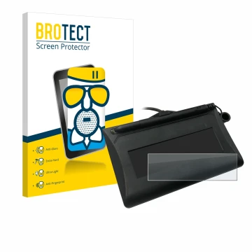 Front side of a product packaging with the brand logo BROTECT. Next to it is the device Topaz T-LBK460-HSB-R shown with the co