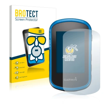 Front side of a product packaging with the brand logo BROTECT. Next to it is the device Garmin eTrex Touch 25 shown with the c