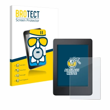 Front side of a product packaging with the brand logo BROTECT. Next to it is the device Amazon Kindle Paperwhite 2015 (7th Gen