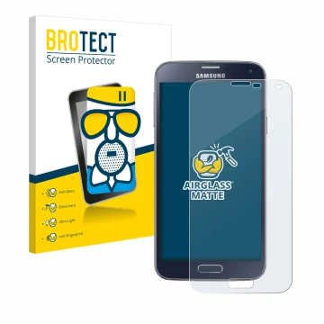 Front side of a product packaging with the brand logo BROTECT. Next to it is the device Samsung Galaxy S5 Neo shown with the c