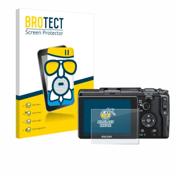 Front side of a product packaging with the brand logo BROTECT. Next to it is the device Ricoh GR II 2015 shown with the corres