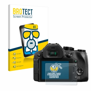 Front side of a product packaging with the brand logo BROTECT. Next to it is the device Panasonic Lumix DMC-FZ300 shown with t