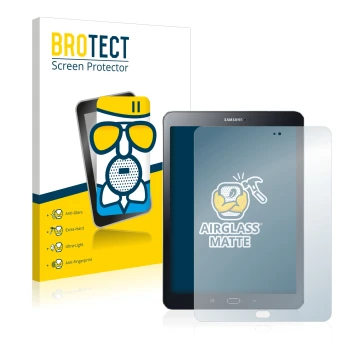 Front side of a product packaging with the brand logo BROTECT. Next to it is the device Samsung Galaxy Tab S2 9.7 shown with t
