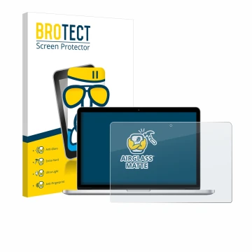 Front side of a product packaging with the brand logo BROTECT. Next to it is the device Apple MacBook Retina Pro 13