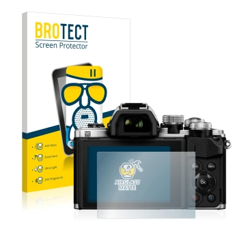 Front side of a product packaging with the brand logo BROTECT. Next to it is the device Olympus OM-D E-M10 Mark II shown with 