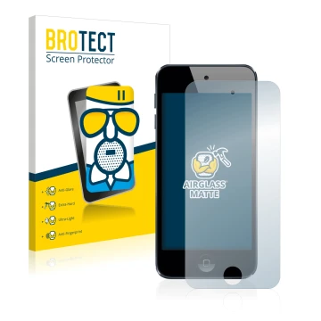 Front side of a product packaging with the brand logo BROTECT. Next to it is the device Apple iPod Touch (6th. Gen.) shown wit