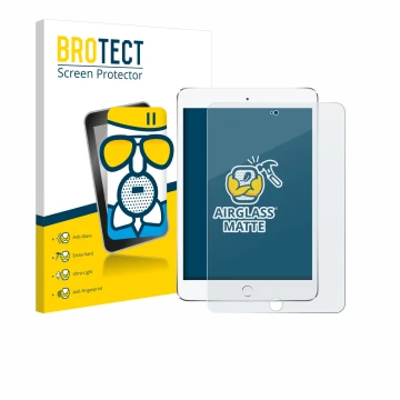 Front side of a product packaging with the brand logo BROTECT. Next to it is the device Apple iPad Mini 4 2015 shown with the 