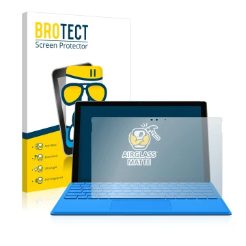 Front side of a product packaging with the brand logo BROTECT. Next to it is the device Microsoft Surface Pro 4 shown with the