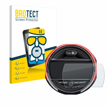 Front side of a product packaging with the brand logo BROTECT. Next to it is the device Mini Cooper R56 (6.5