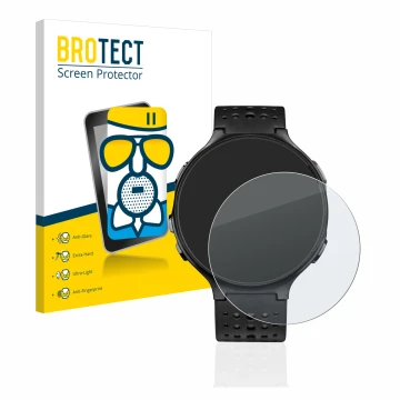 Front side of a product packaging with the brand logo BROTECT. Next to it is the device Garmin Forerunner 235 shown with the c