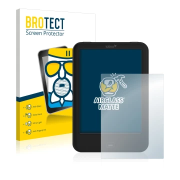 Front side of a product packaging with the brand logo BROTECT. Next to it is the device Tolino Shine 2 HD shown with the corre