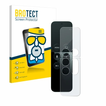 Front side of a product packaging with the brand logo BROTECT. Next to it is the device Apple Remote Control Apple TV 4 shown 