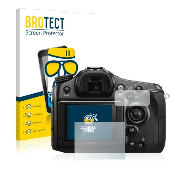 Front side of a product packaging with the brand logo BROTECT. Next to it is the device Sony Alpha 68 shown with the correspon